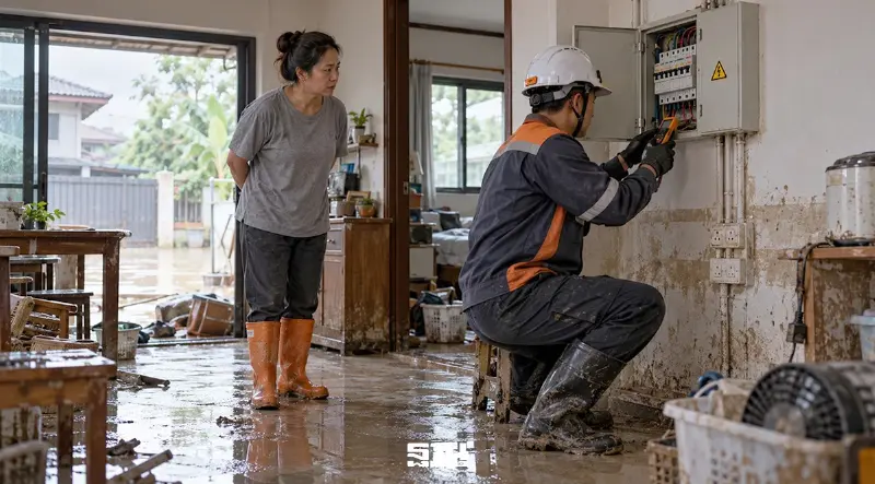 เตือนภัยไฟฟ้าหลังน้ำลด 6 ข้อ ห้ามเสี่ยงเปิดเบรกเกอร์-แตะปลั๊ก