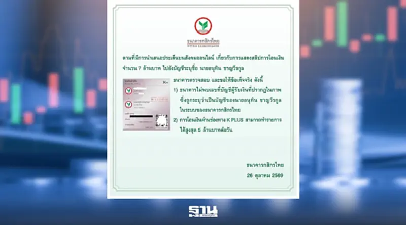 กสิกรไทยแจงปมร้อน สลิปโอน 7 ล้านชื่อ ‘อนุทิน’ ไม่พบบัญชีผู้รับเงินในระบบธนาคาร กสิกรไทยแจงปมร้อน สลิปโอน 7 ล้านชื่อ ‘อนุทิน’ ไม่พบบัญชีผู้รับเงินในระบบธนาคาร